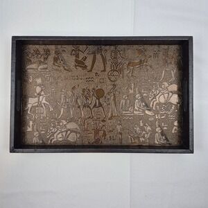 Egyptian Revival Tray Wood Handles Embossed Ancient Hieroglyphics Decor Accent